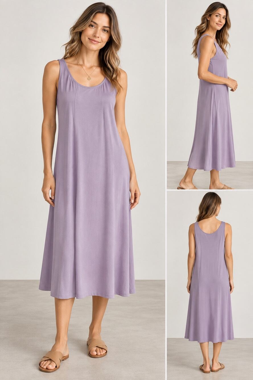 Eileen Fisher 100% Silk Sleeveless Midi A-line Dress Women's Medium Lavender